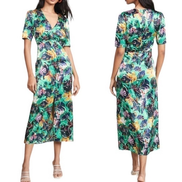 SALONI Eve Midi Silk Dress Green Black Floral $698 - Picture 1 of 14